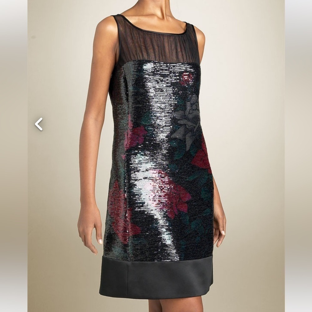 Kay Unger Black Floral Sequin Illusion Shift Dress SIZE 6